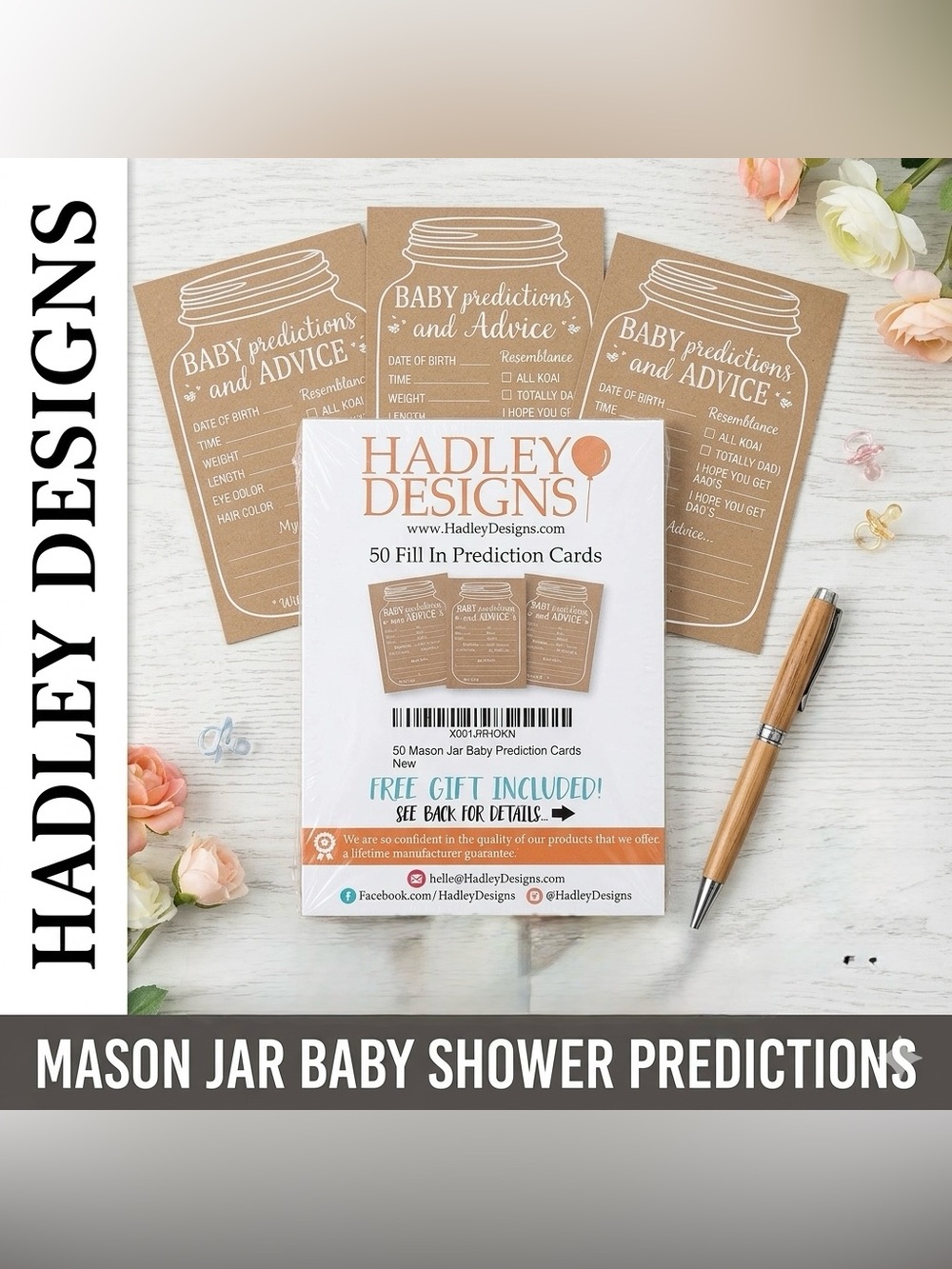 Hadley Designs Baby Shower Prediction Cards NWT Mason Jar Kraft 50 Count